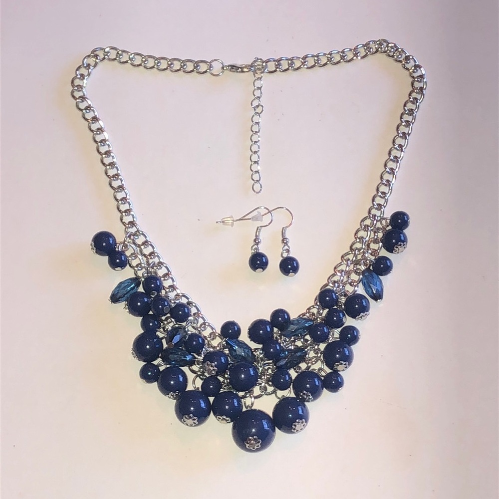 Silver Tone Chain Necklace and Earring Set with Navy Blue Beads